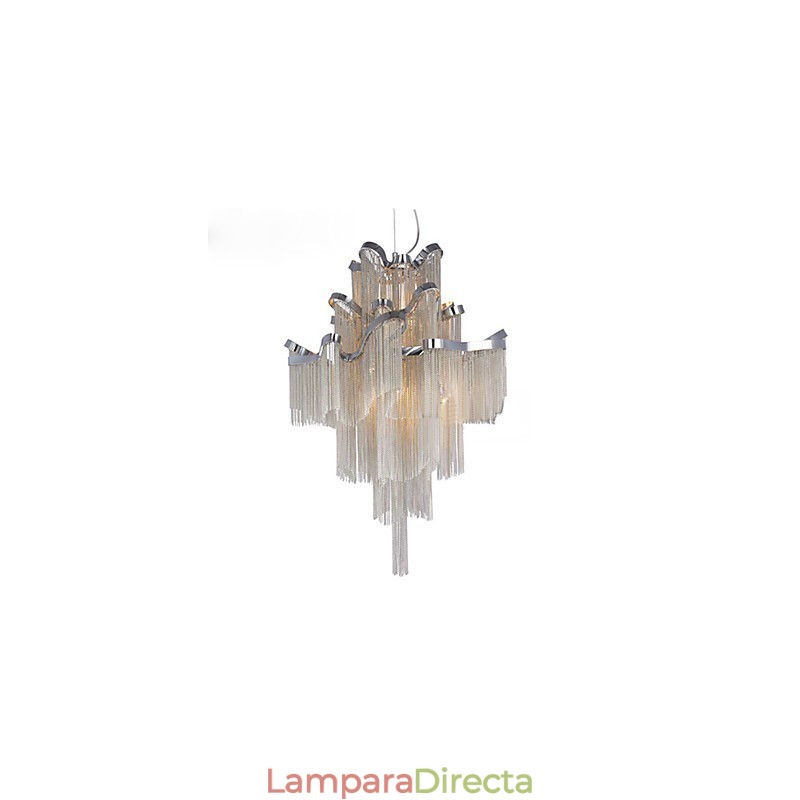 Lámpara colgante de aluminio con diseño de escalera de caracol en color plateado.