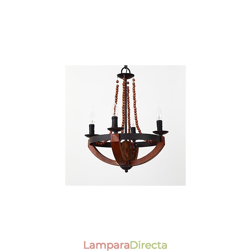 Lámpara colgante decorativa de cuatro luces con diseño de pintura vintage en estilo mini de madera y bambú.