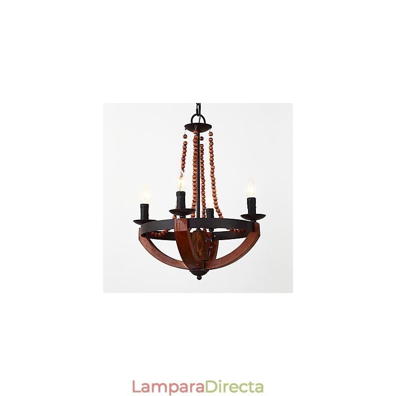 Lámpara colgante decorativa de cuatro luces con diseño de pintura vintage en estilo mini de madera y bambú.