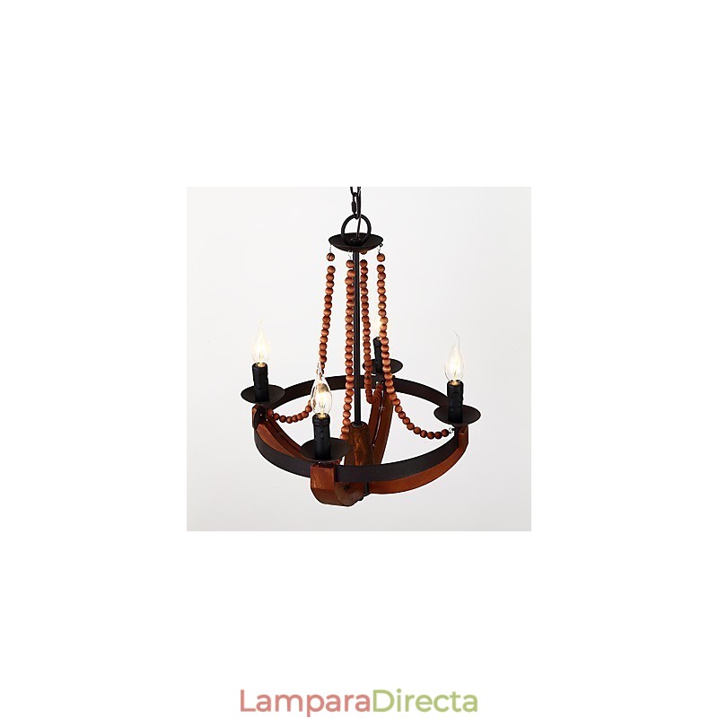 Lámpara colgante decorativa de cuatro luces con diseño de pintura vintage en estilo mini de madera y bambú.
