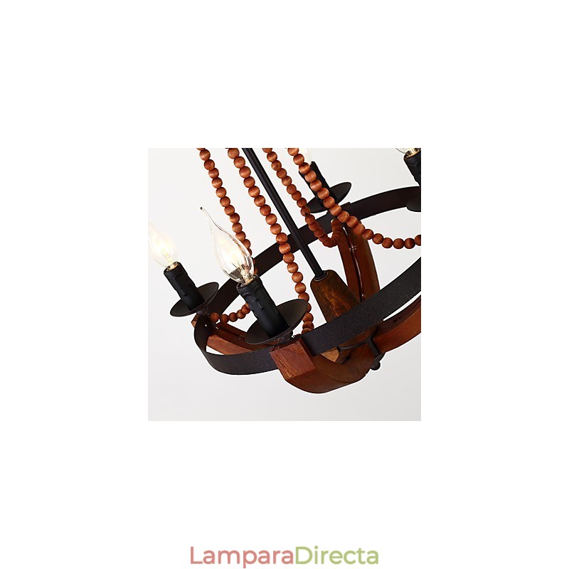Lámpara colgante decorativa de cuatro luces con diseño de pintura vintage en estilo mini de madera y bambú.
