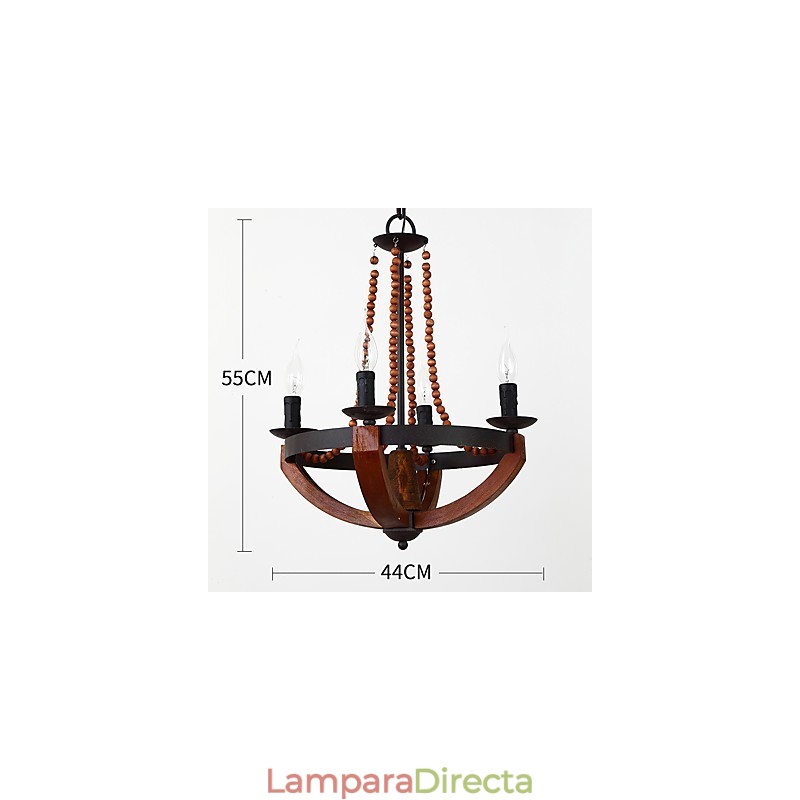 Lámpara colgante decorativa de cuatro luces con diseño de pintura vintage en estilo mini de madera y bambú.
