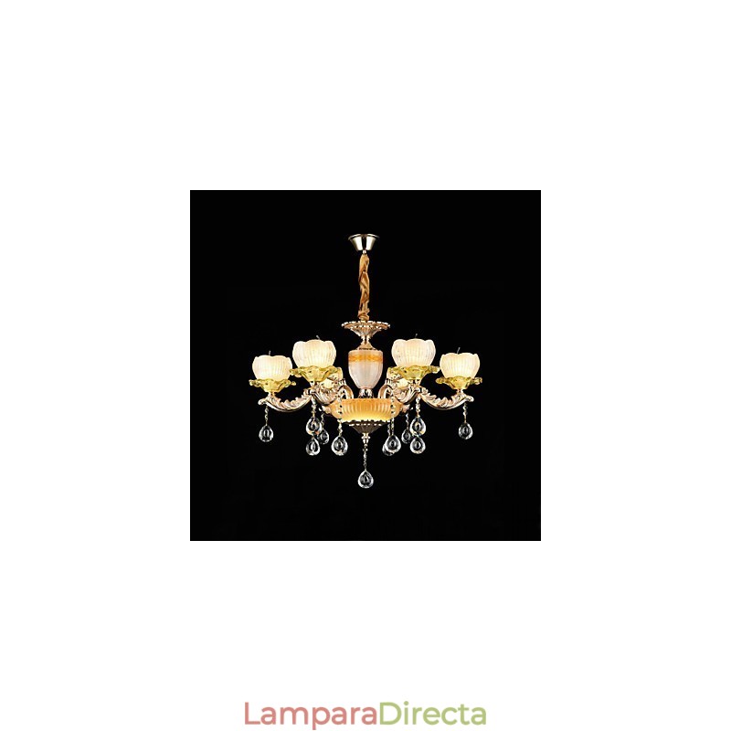 Lámpara de araña de metal estilo mini de cristal con 6 bombillas, con una característica clásica tradicional de aleación de zinc.
