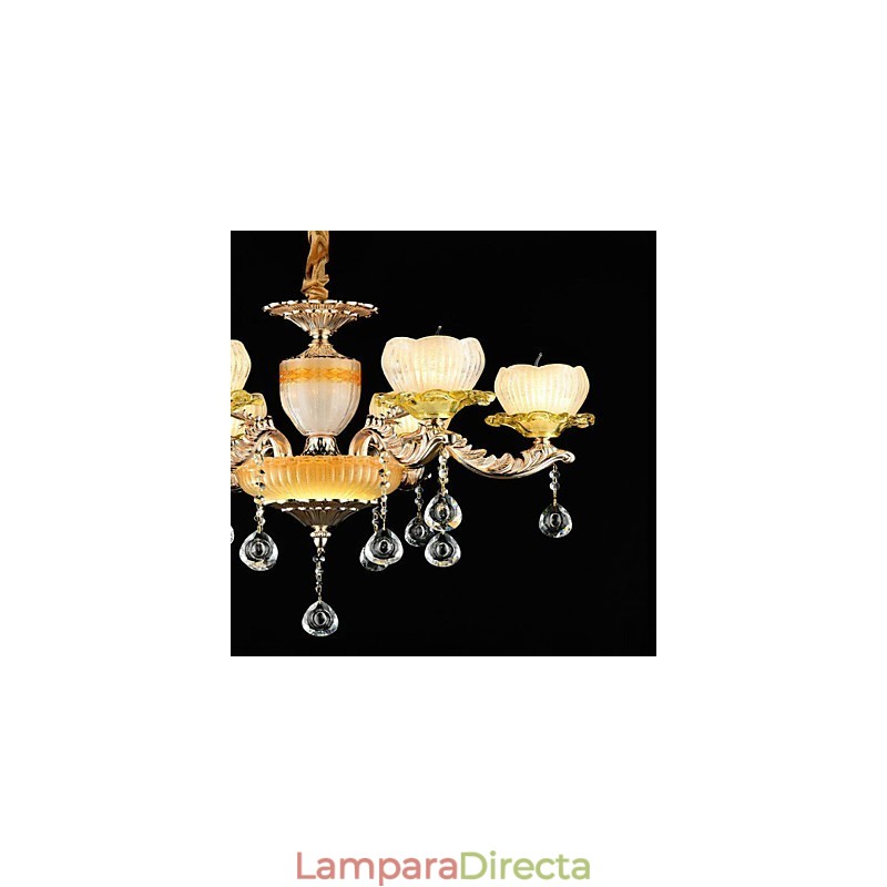 Lámpara de araña de metal estilo mini de cristal con 6 bombillas, con una característica clásica tradicional de aleación de zinc.