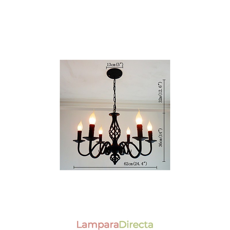 Lámpara de araña de metal con 6 focos para interiores, estilo vela, estilo chic y moderno.