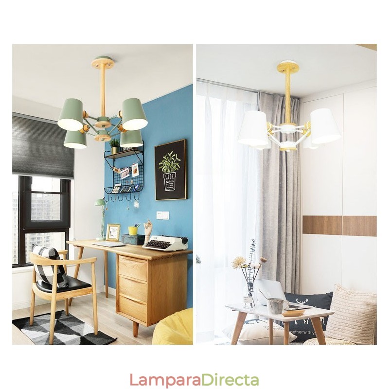 Lámpara de araña de metal con 4 luces, multicolor, de madera de macarrón y pintura vintage.