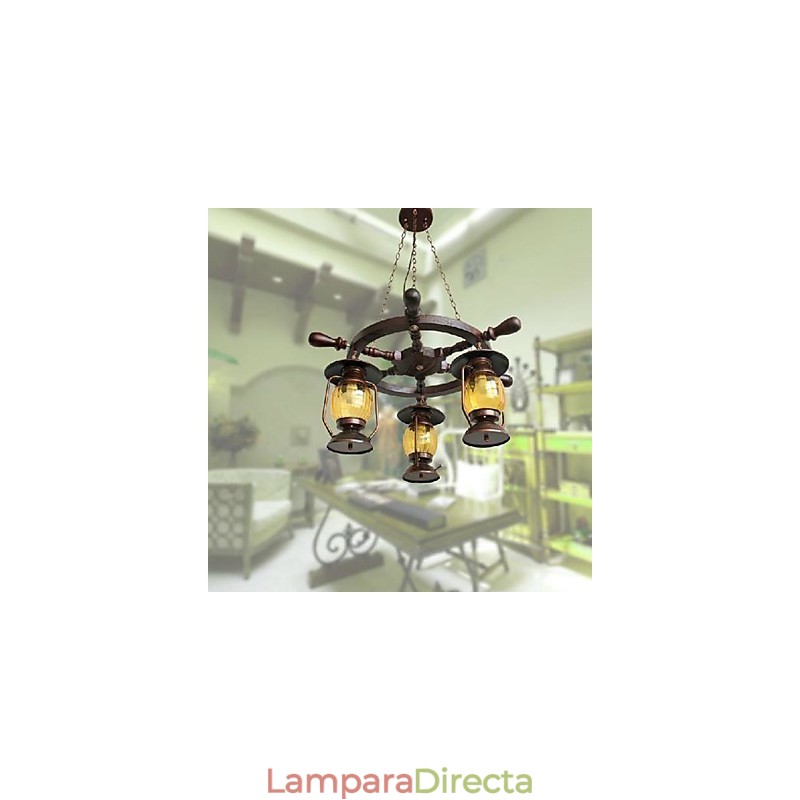 Lámpara de araña de bambú con pintura retro de madera