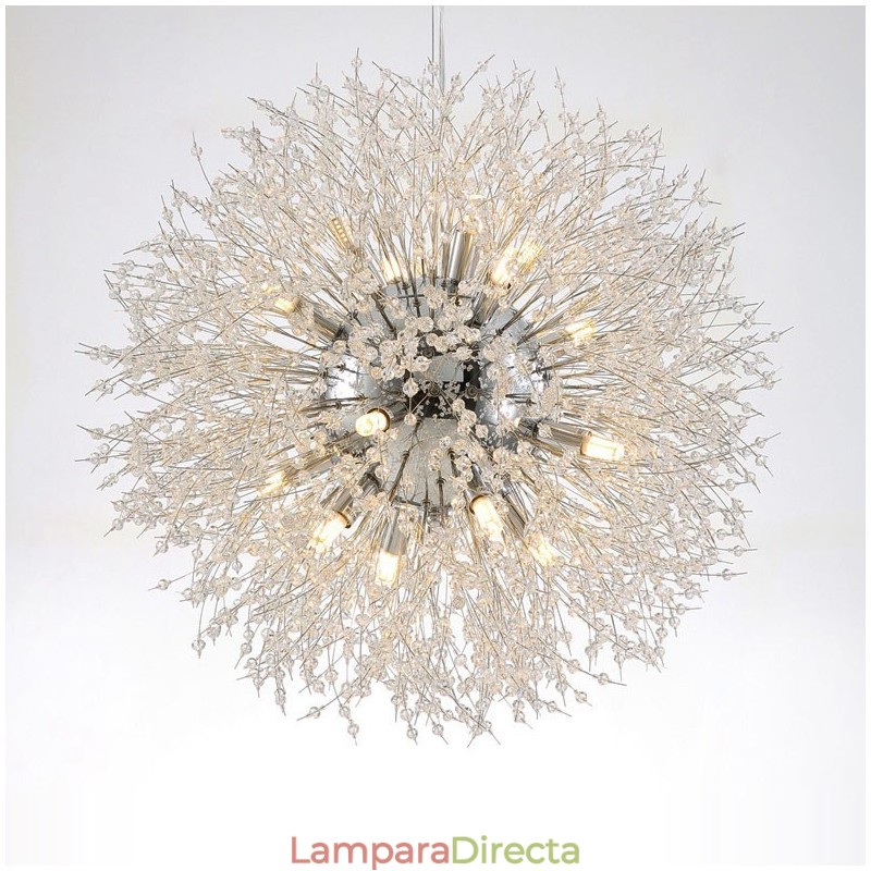 Lámpara de araña de metal y cristal con forma de diente de león cromado con forma de globo de fuegos artificiales