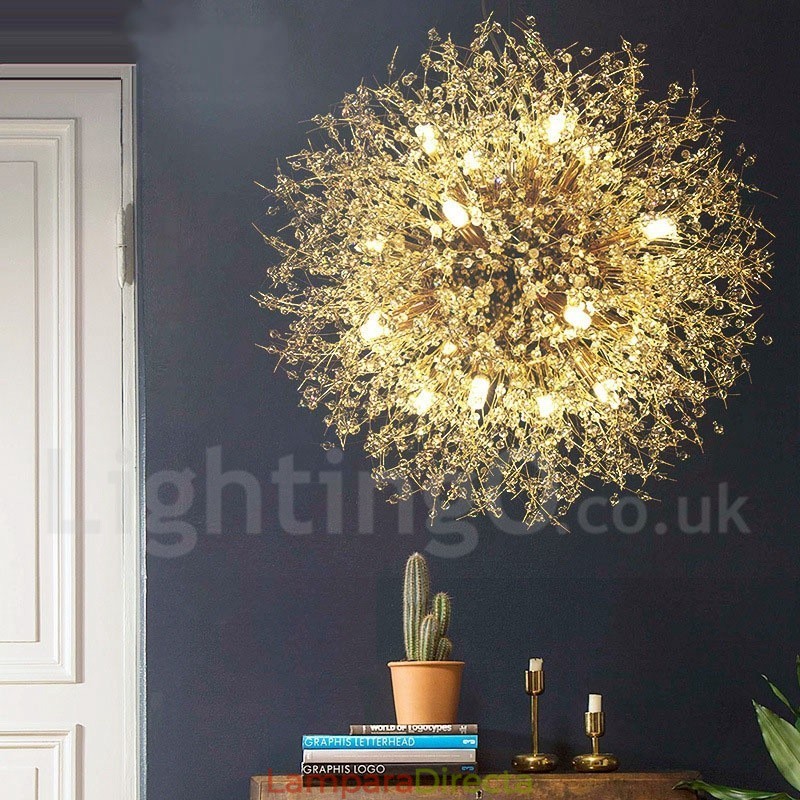 Lámpara de araña de metal y cristal con forma de diente de león cromado con forma de globo de fuegos artificiales
