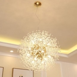 Lámpara de araña de metal y cristal con forma de diente de león cromado con forma de globo de fuegos artificiales