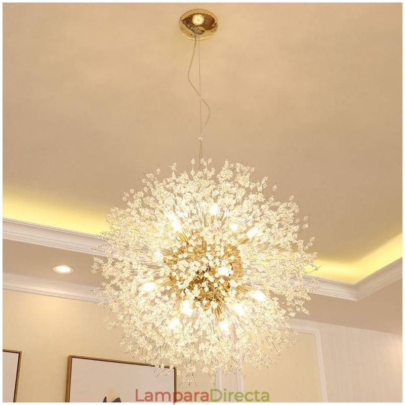 Lámpara de araña de metal y cristal con forma de diente de león cromado con forma de globo de fuegos artificiales