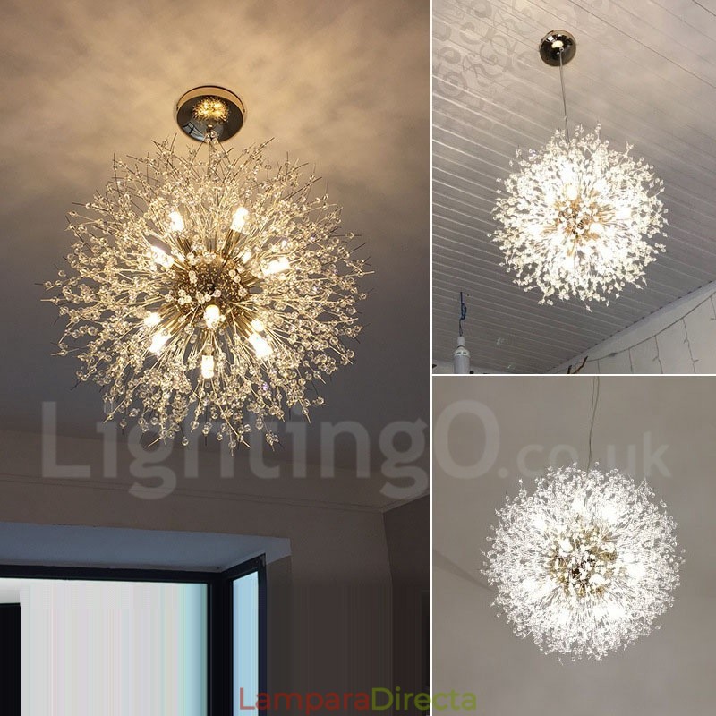 Lámpara de araña de metal y cristal con forma de diente de león cromado con forma de globo de fuegos artificiales