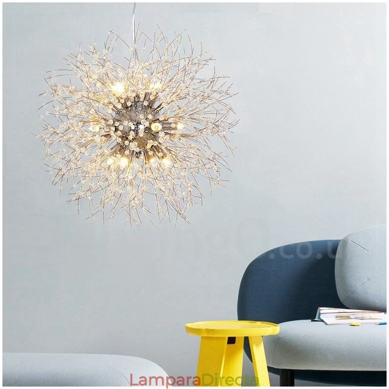 Lámpara de araña de metal y cristal con forma de diente de león cromado con forma de globo de fuegos artificiales