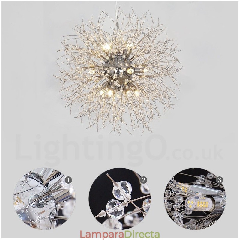 Lámpara de araña de metal y cristal con forma de diente de león cromado con forma de globo de fuegos artificiales
