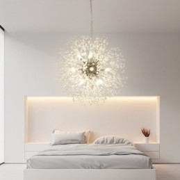 Lámpara de araña de metal y cristal con forma de diente de león cromado con forma de globo de fuegos artificiales