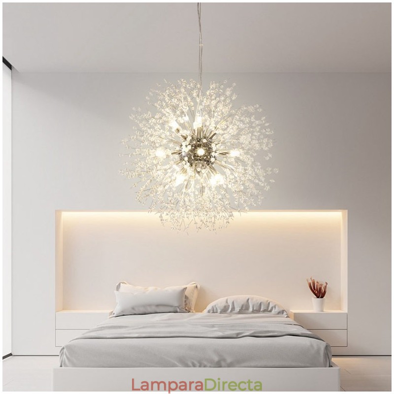 Lámpara de araña de metal y cristal con forma de diente de león cromado con forma de globo de fuegos artificiales