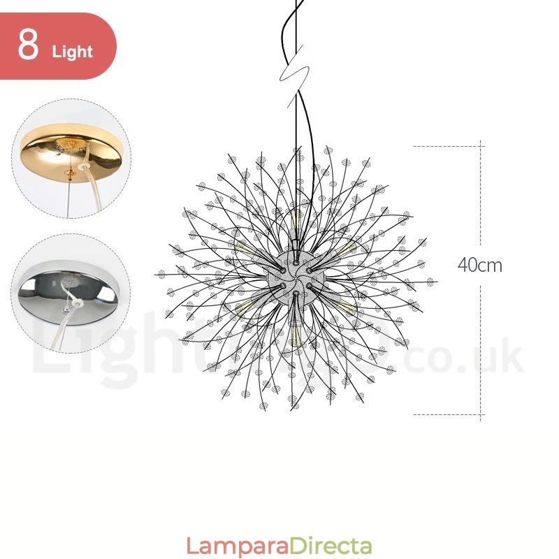 Lámpara de araña de metal y cristal con forma de diente de león cromado con forma de globo de fuegos artificiales