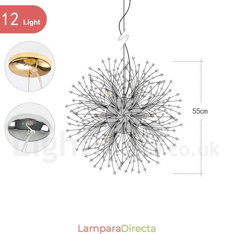 Lámpara de araña de metal y cristal con forma de diente de león cromado con forma de globo de fuegos artificiales