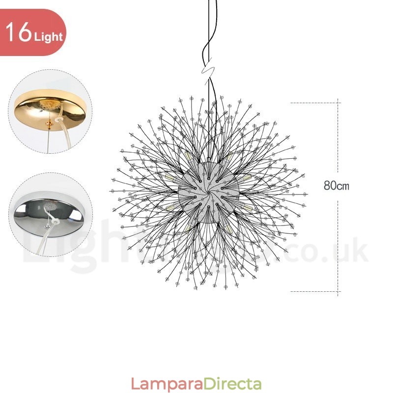 Lámpara de araña de metal y cristal con forma de diente de león cromado con forma de globo de fuegos artificiales