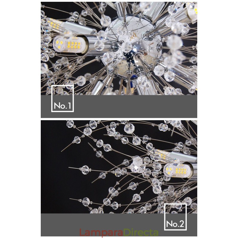 Lámpara de araña de metal y cristal con forma de diente de león cromado con forma de globo de fuegos artificiales
