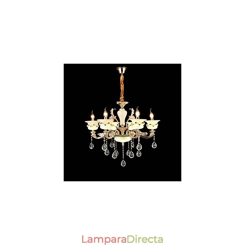 Lámpara de araña de metal estilo mini de cristal con 6 bombillas, con una característica clásica tradicional de aleación de zinc.