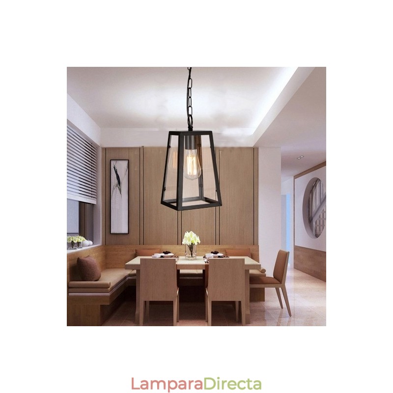 Lámpara colgante vintage de metal con pantalla de cristal