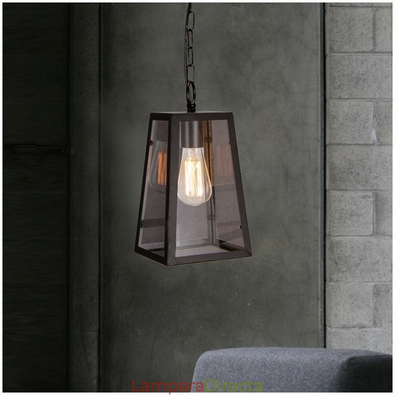 Lámpara colgante vintage de metal con pantalla de cristal
