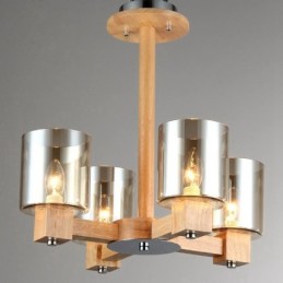 Lámpara de araña de estilo nórdico contemporáneo moderno de madera de 4 luces con pantalla de cristal