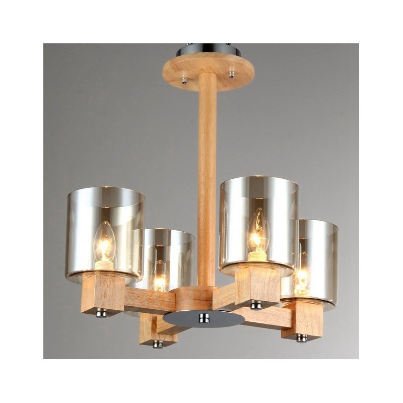 Lámpara de araña de estilo nórdico contemporáneo moderno de madera de 4 luces con pantalla de cristal