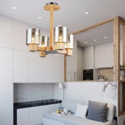Lámpara de araña de estilo nórdico contemporáneo moderno de madera de 4 luces con pantalla de cristal