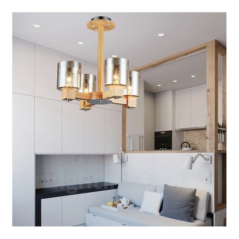 Lámpara de araña de estilo nórdico contemporáneo moderno de madera de 4 luces con pantalla de cristal