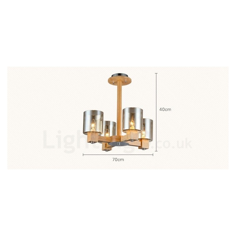 Lámpara de araña de estilo nórdico contemporáneo moderno de madera de 4 luces con pantalla de cristal