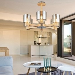 Lámpara de araña de estilo nórdico contemporáneo moderno de madera de 6 luces con pantalla de cristal