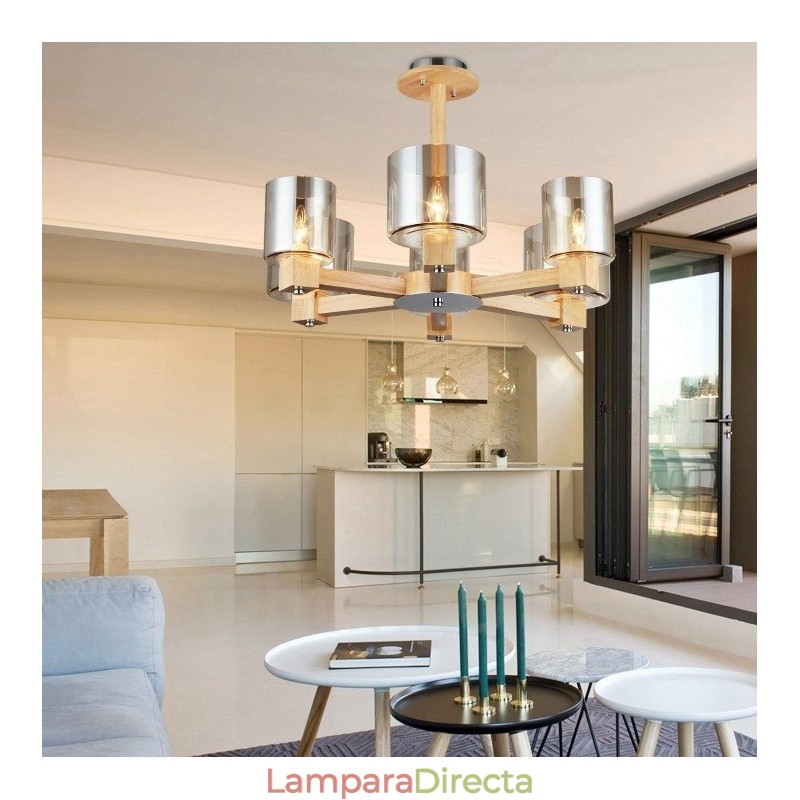 Lámpara de araña de estilo nórdico contemporáneo moderno de madera de 6 luces con pantalla de cristal