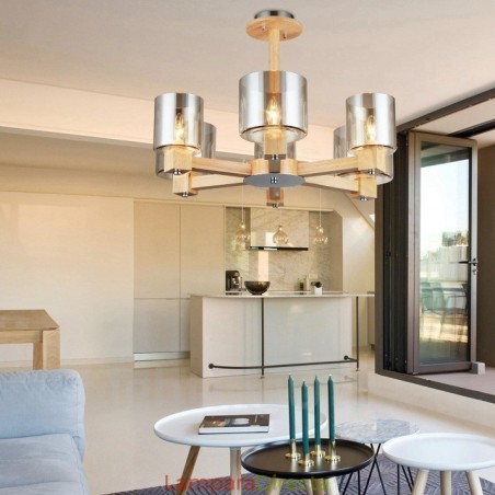 Lámpara de araña de estilo nórdico contemporáneo moderno de madera de 6 luces con pantalla de cristal Lámpara de araña de estilo nórdico contemporáneo moderno de madera de 6 luces con pantalla de cristal