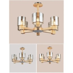 Lámpara de araña de estilo nórdico contemporáneo moderno de madera de 6 luces con pantalla de cristal