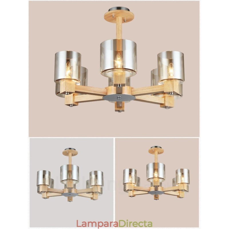 Lámpara de araña de estilo nórdico contemporáneo moderno de madera de 6 luces con pantalla de cristal