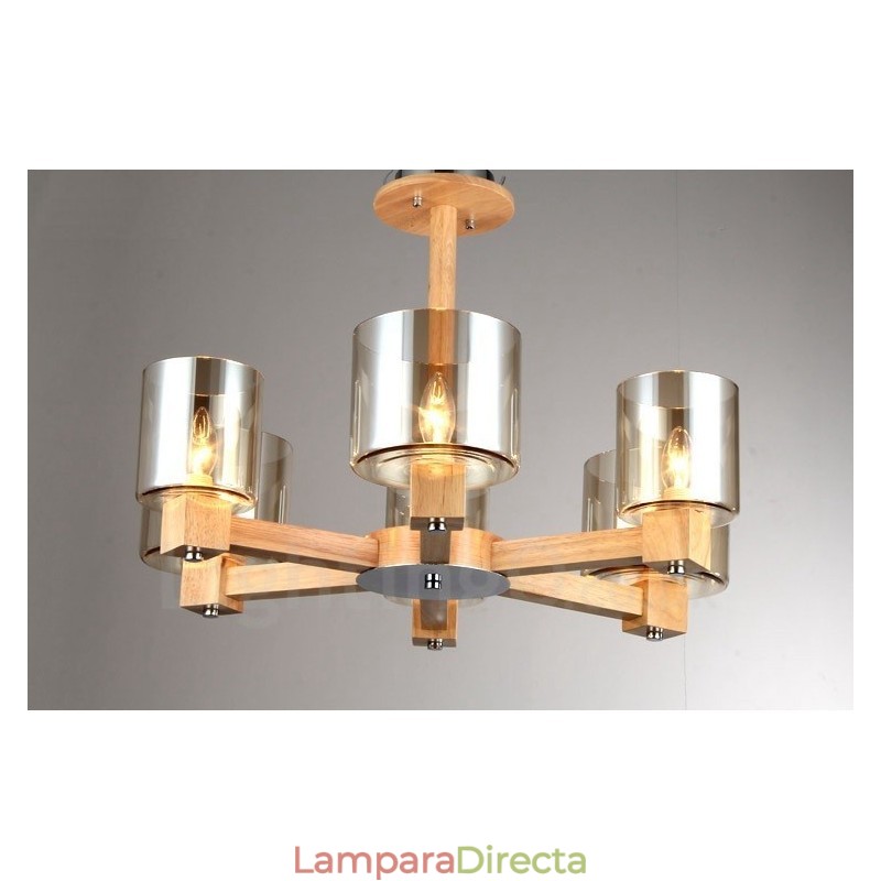 Lámpara de araña de estilo nórdico contemporáneo moderno de madera de 6 luces con pantalla de cristal