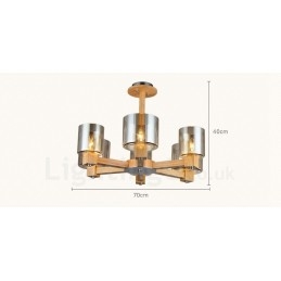 Lámpara de araña de estilo nórdico contemporáneo moderno de madera de 6 luces con pantalla de cristal