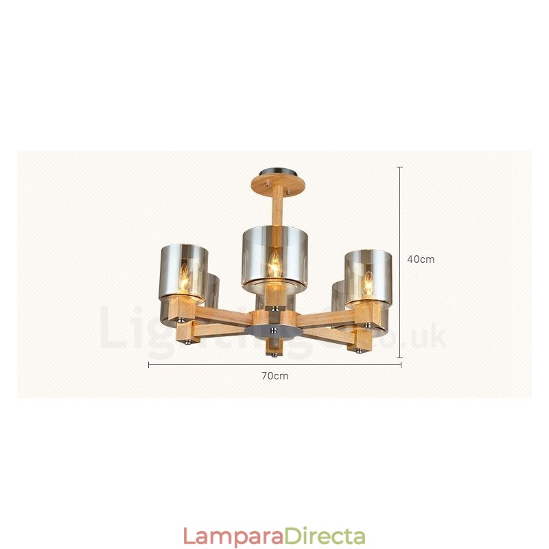 Lámpara de araña de estilo nórdico contemporáneo moderno de madera de 6 luces con pantalla de cristal
