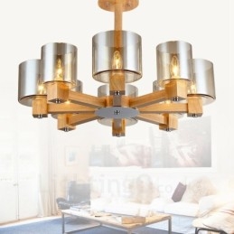 Lámpara de araña de estilo nórdico contemporáneo moderno de 8 luces de madera con pantalla de cristal