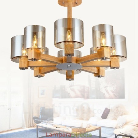 Lámpara de araña de estilo nórdico contemporáneo moderno de 8 luces de madera con pantalla de cristal Lámpara de araña de estilo nórdico contemporáneo moderno de 8 luces de madera con pantalla de cristal