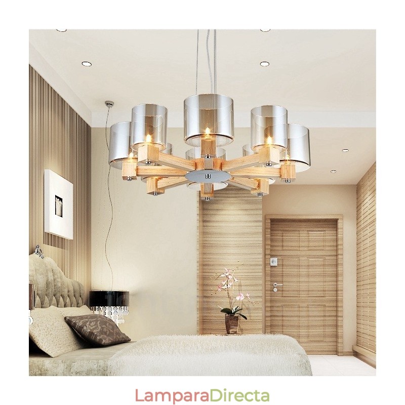 Lámpara de araña de estilo nórdico contemporáneo moderno de 8 luces de madera con pantalla de cristal