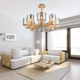 Lámpara de araña de estilo nórdico contemporáneo moderno de 8 luces de madera con pantalla de cristal