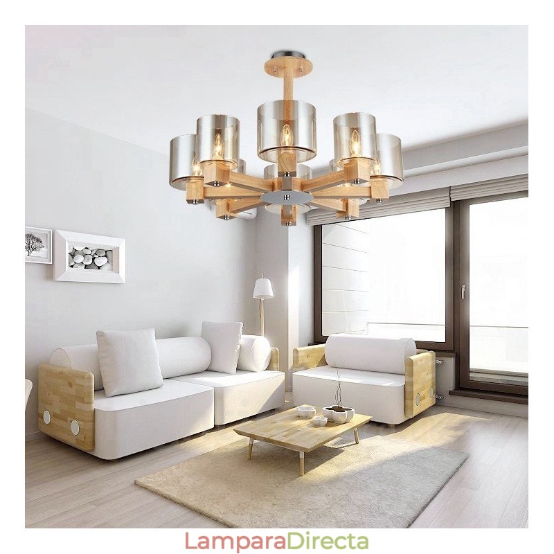 Lámpara de araña de estilo nórdico contemporáneo moderno de 8 luces de madera con pantalla de cristal