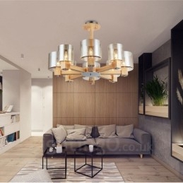 Lámpara de araña de estilo nórdico contemporáneo moderno de 8 luces de madera con pantalla de cristal