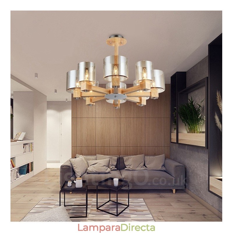 Lámpara de araña de estilo nórdico contemporáneo moderno de 8 luces de madera con pantalla de cristal