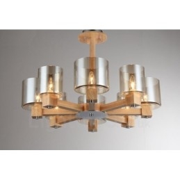 Lámpara de araña de estilo nórdico contemporáneo moderno de 8 luces de madera con pantalla de cristal