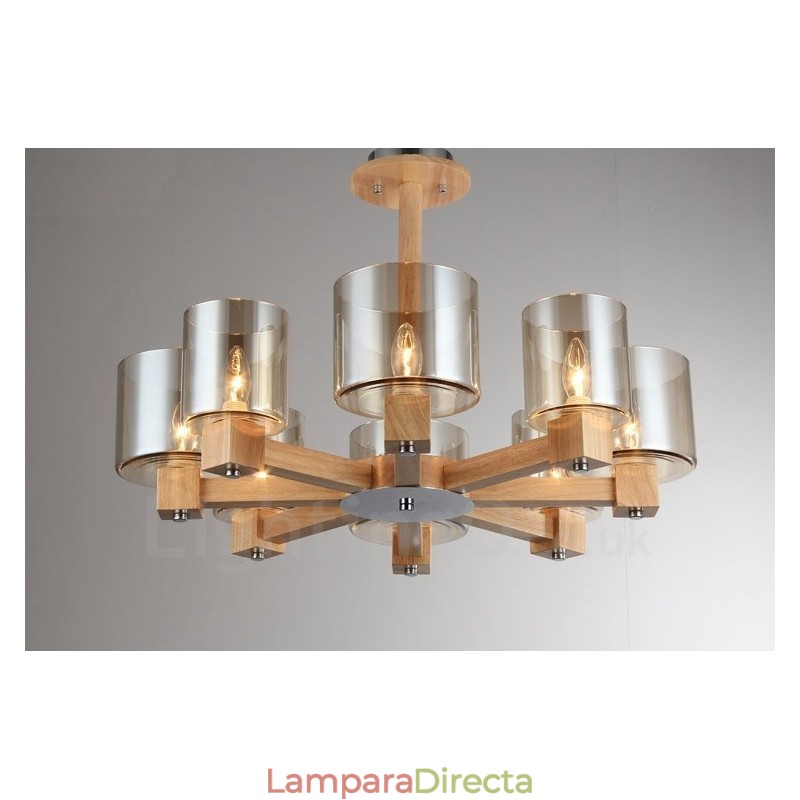 Lámpara de araña de estilo nórdico contemporáneo moderno de 8 luces de madera con pantalla de cristal