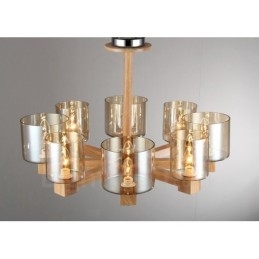 Lámpara de araña de estilo nórdico contemporáneo moderno de 8 luces de madera con pantalla de cristal